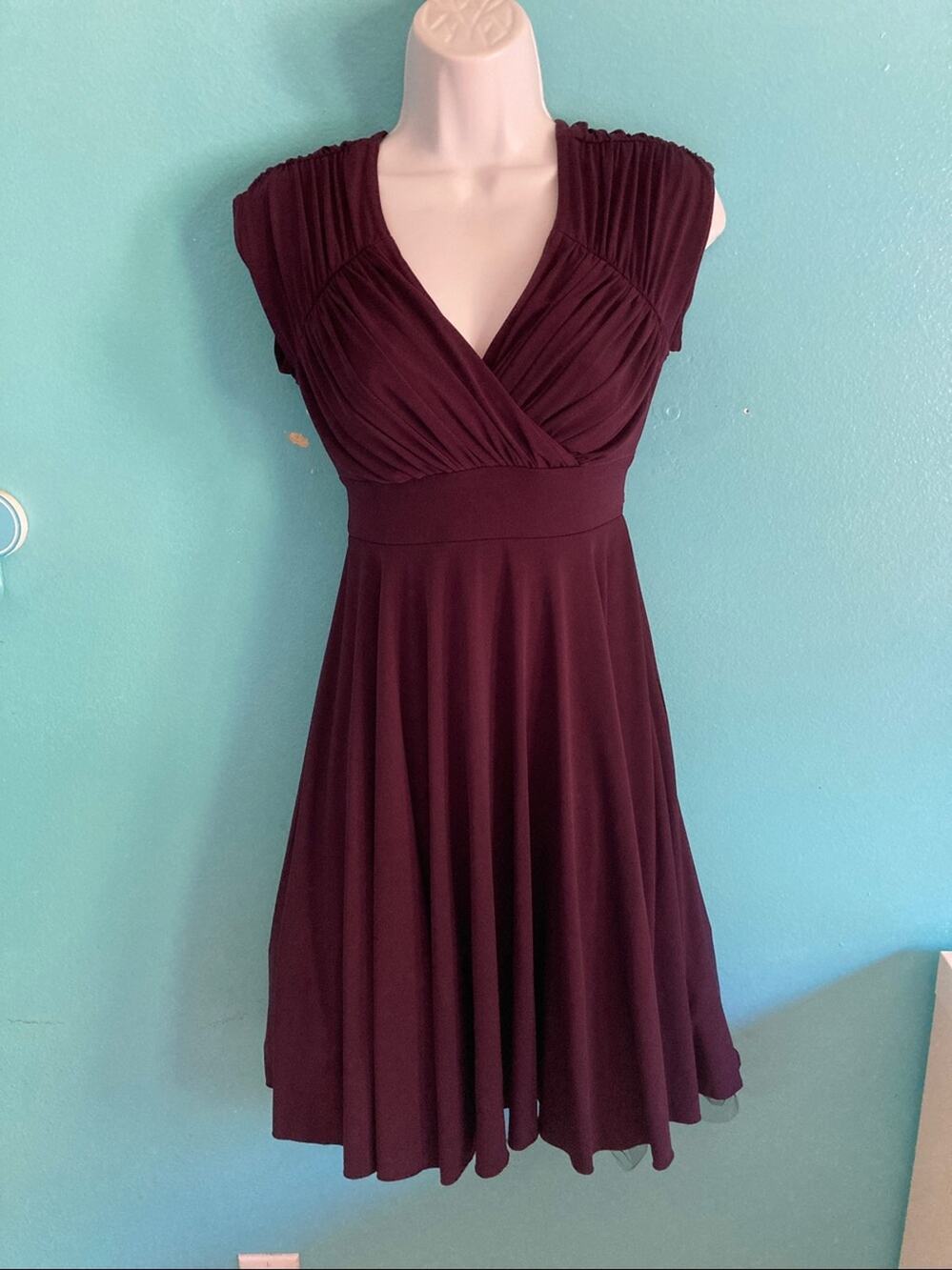 Vintage Jody California Burgundy Ruched Cocktail Dress Tulle Hem Size 1/2 Y2K